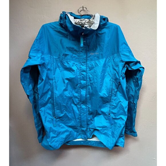 Marmot Girls XL Waterproof Rain Full Zip Jacket Shell Aqua Blue Hood Reflective